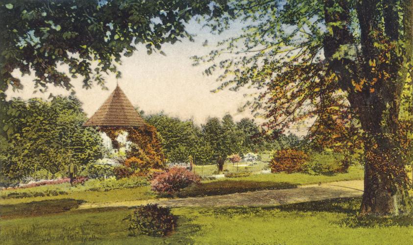 Dolní terasa sala terreny v zámeckém parku, 1928. Pohlednice kolorovaná, sbírka Muzea v Bruntále