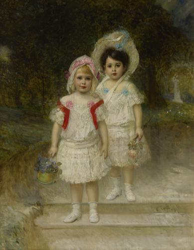 Eduard Veith, Dvě děti v bílých šatech, konec 19. stol., olej na plátně, 160 × 124 cm, Muzeum Novojičínska – Žerotínský zámek