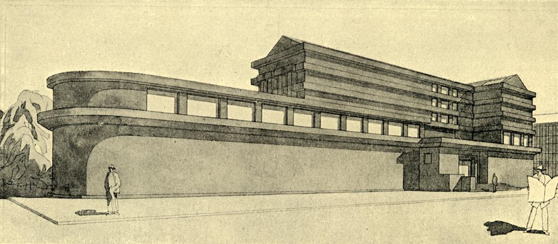 Kamil Roškot, nerealizovaný soutěžní návrh výstavního pavilonu, 1923, in Stavitel, roč. IV, 1922–1923, s. 86.