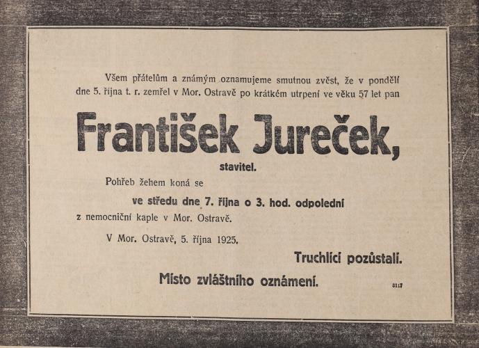 Smuteční oznámení, Národní listy, 7. 10. 1925