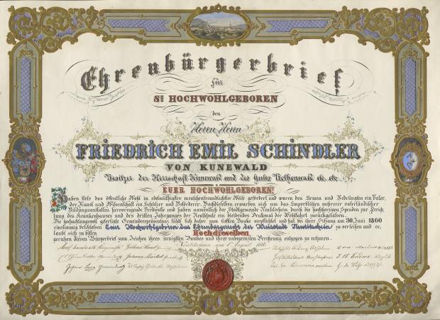 Diplom o udělení čestného občanství města Nový Jičín Fridrichu Emilovi Otto Schindlerovi