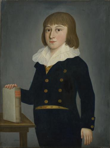 Anton Blasch (?), Žák ve školní uniformě, kol. 1810, olej na plátně, 66,5 × 50 cm, Muzeum Novojičínska – zámek Kunín
