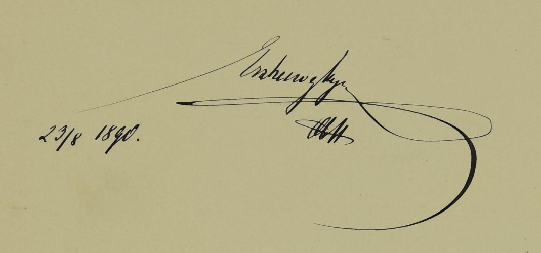 Podpis Evžena Habsburského v Pamětní návštěvní knize rodiny Hückelů v roce 1890