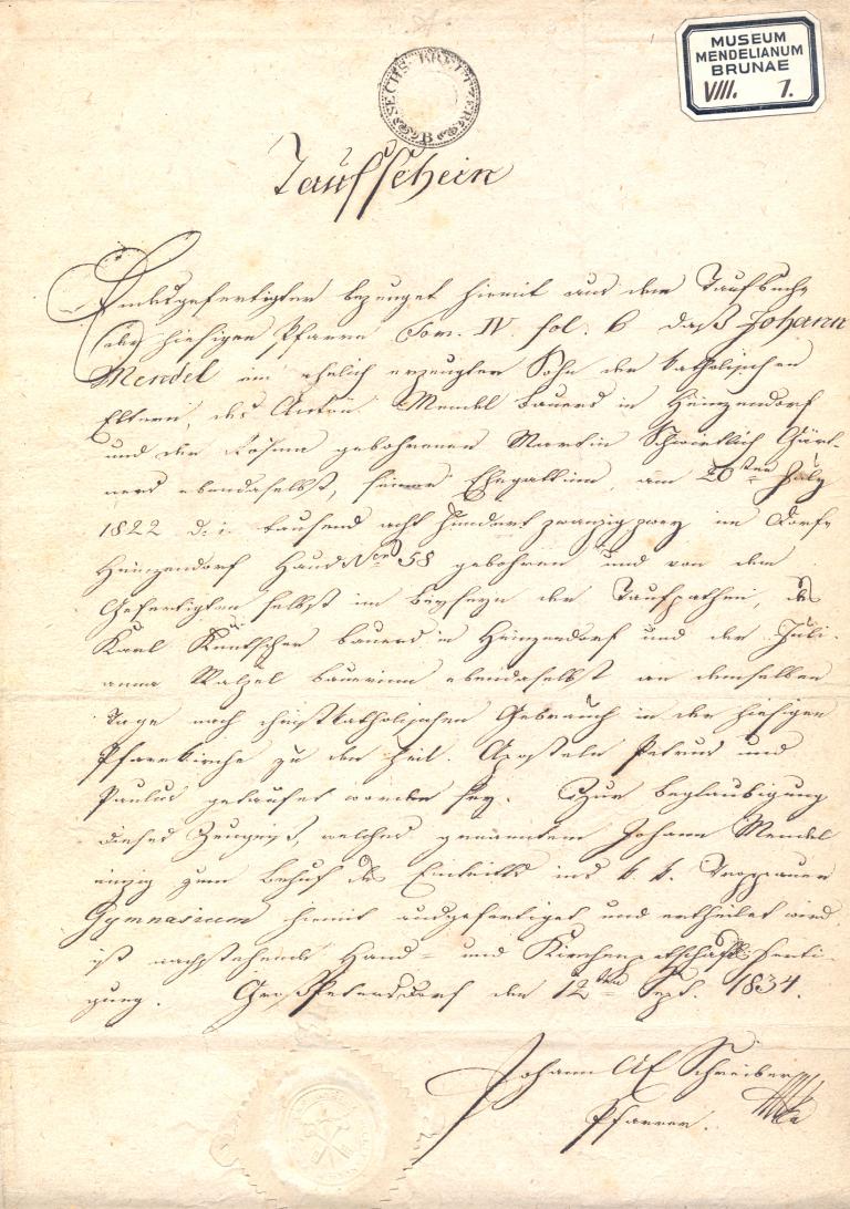 Opis křestního listu Johanna Mendela, Mendelovo muzeum Masarykovy univerzity