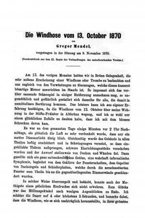 Studie Mendela zabývající se  existencí tornáda 13. 10. 1870 v Brně